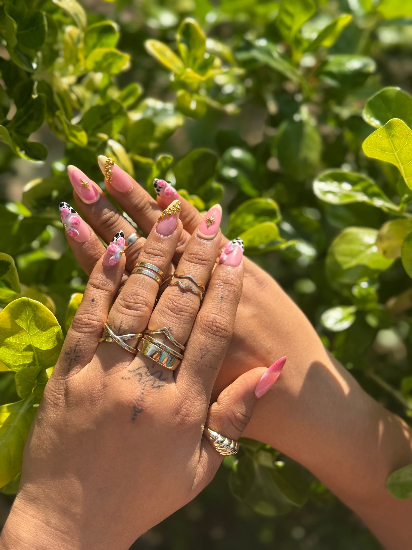 Pink Floral Press On Nails | Cow Print Accent Nails | Gold Charm Cute Nails | Almond Handmade Fake Nail Set