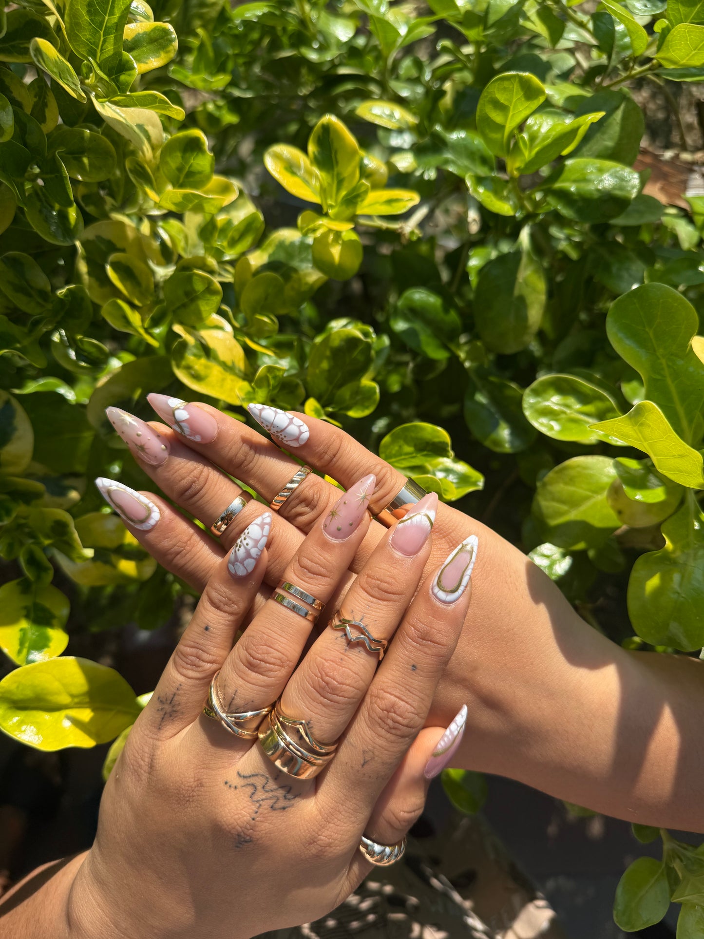 Pink & White Marble Press-On Nails with Gold Accents |Long Almond Fake Nails |Luxury Nail Set for Special Occasions