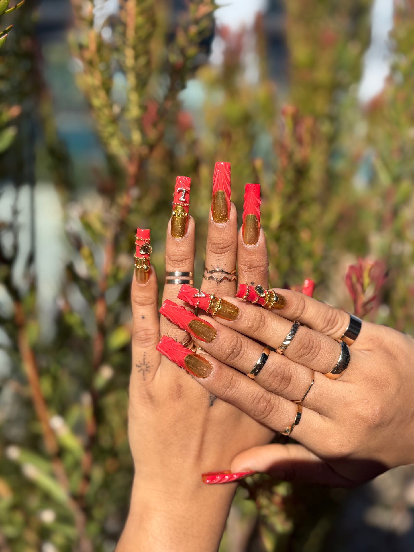 Luxury Gold Chrome Flame Nails with 3D Red Design & Charm Accents | Customizable Initial Press On Nails