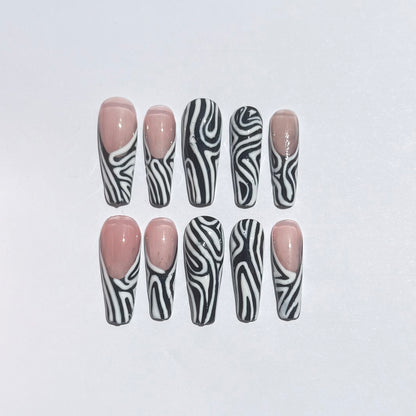 Black & White Swirl Press-On Nails – Nude Abstract Line Art Set