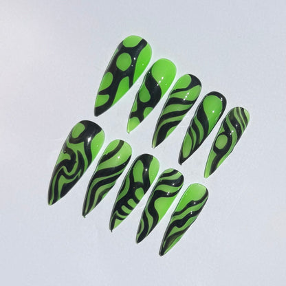 Neon Green & Black Swirl Stiletto Press-On Nails – Graphic Gloss Set