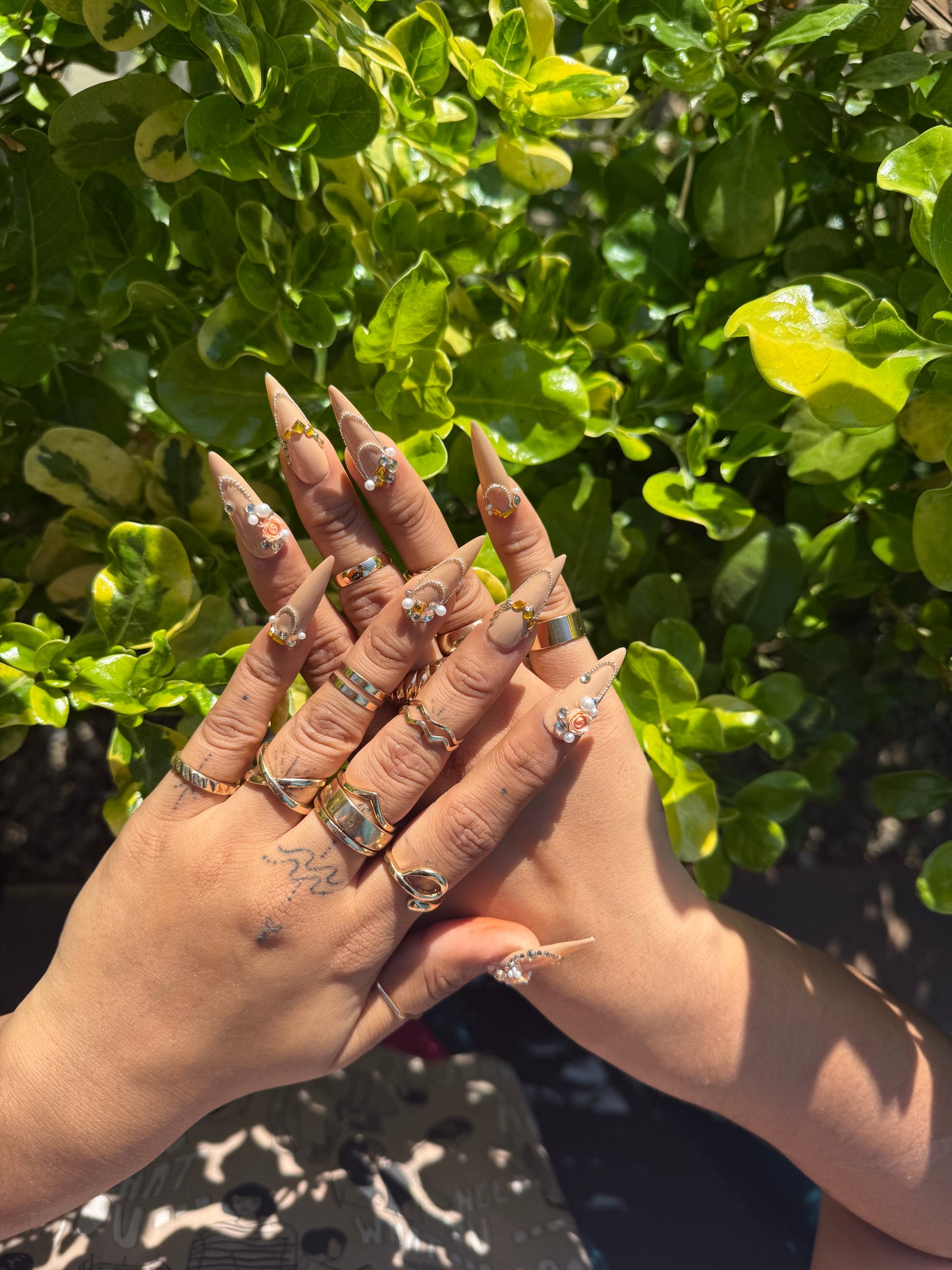 Nude Stiletto Press On Nails with 3D Peach Roses, Pearls & Gold Crystals | Elegant Luxury Chain Nail Set