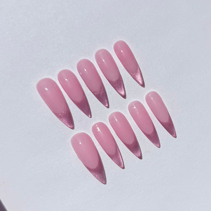 Rose Pink Glitter French Tip Press On Nails | Soft Pink Ombre Stiletto False Nails | Handmade Reusable Nail Set