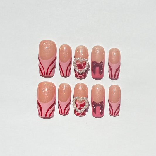 Pink Swirl & Bow Press On Nails | 3D Pearl Heart Charm Nails | Cute Kawaii False Nail Set