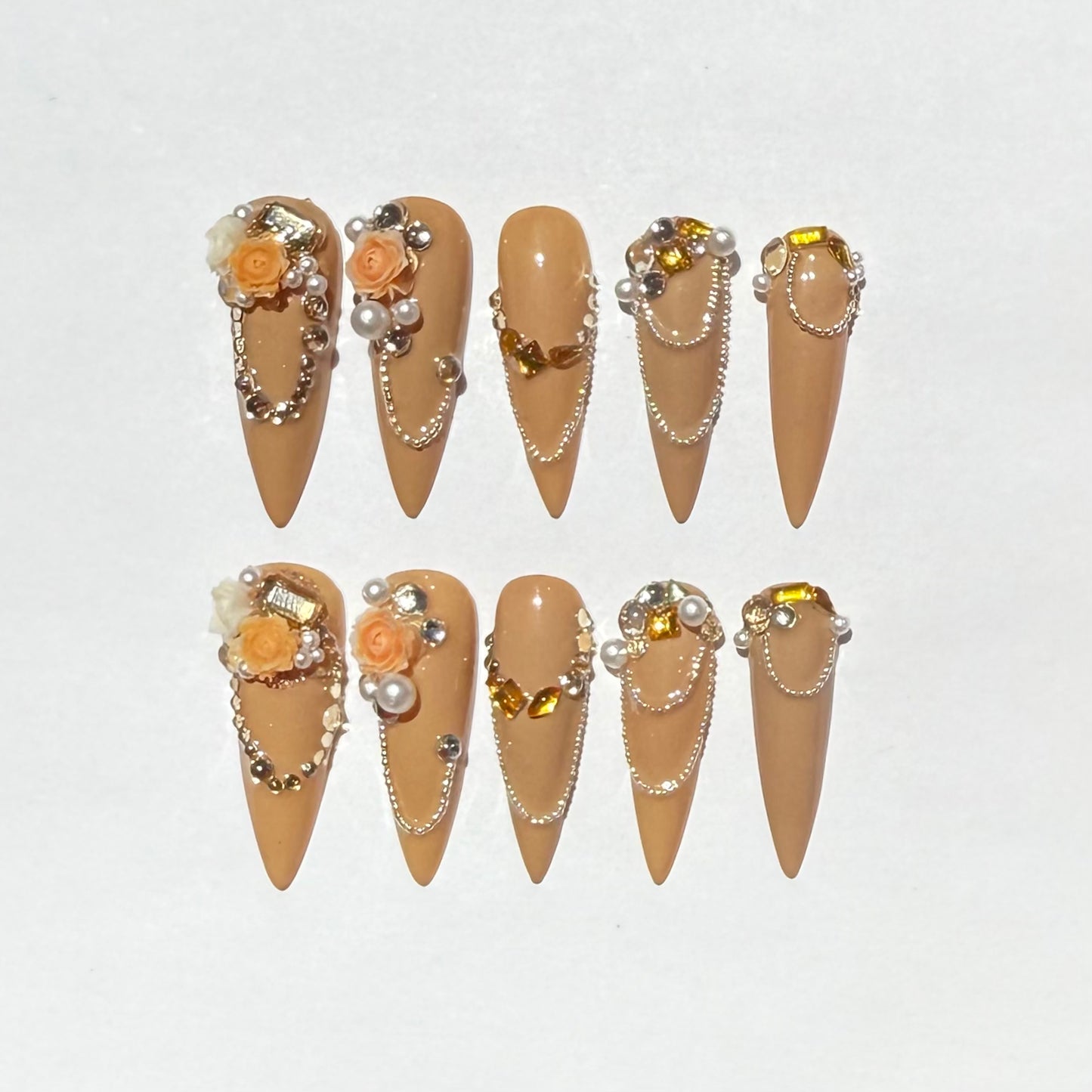 Nude Stiletto Press On Nails with 3D Peach Roses, Pearls & Gold Crystals | Elegant Luxury Chain Nail Set