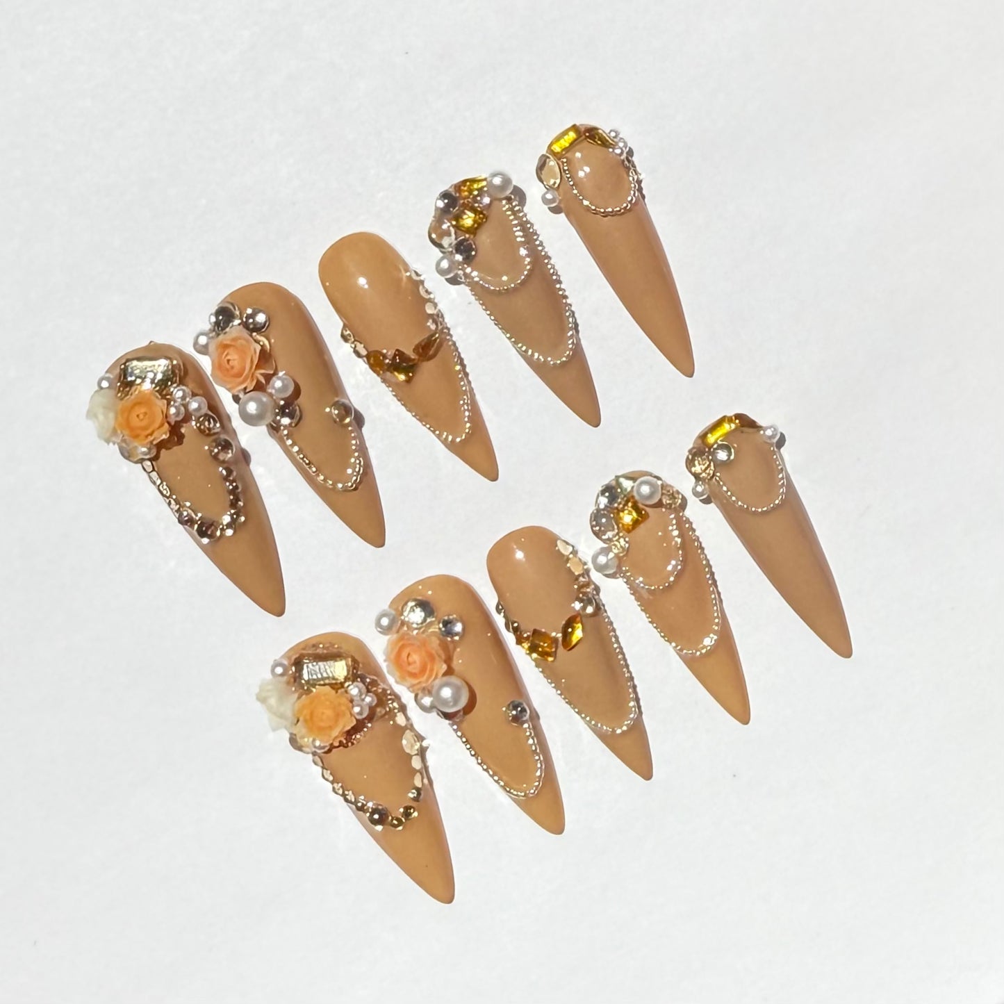 Nude Stiletto Press On Nails with 3D Peach Roses, Pearls & Gold Crystals | Elegant Luxury Chain Nail Set