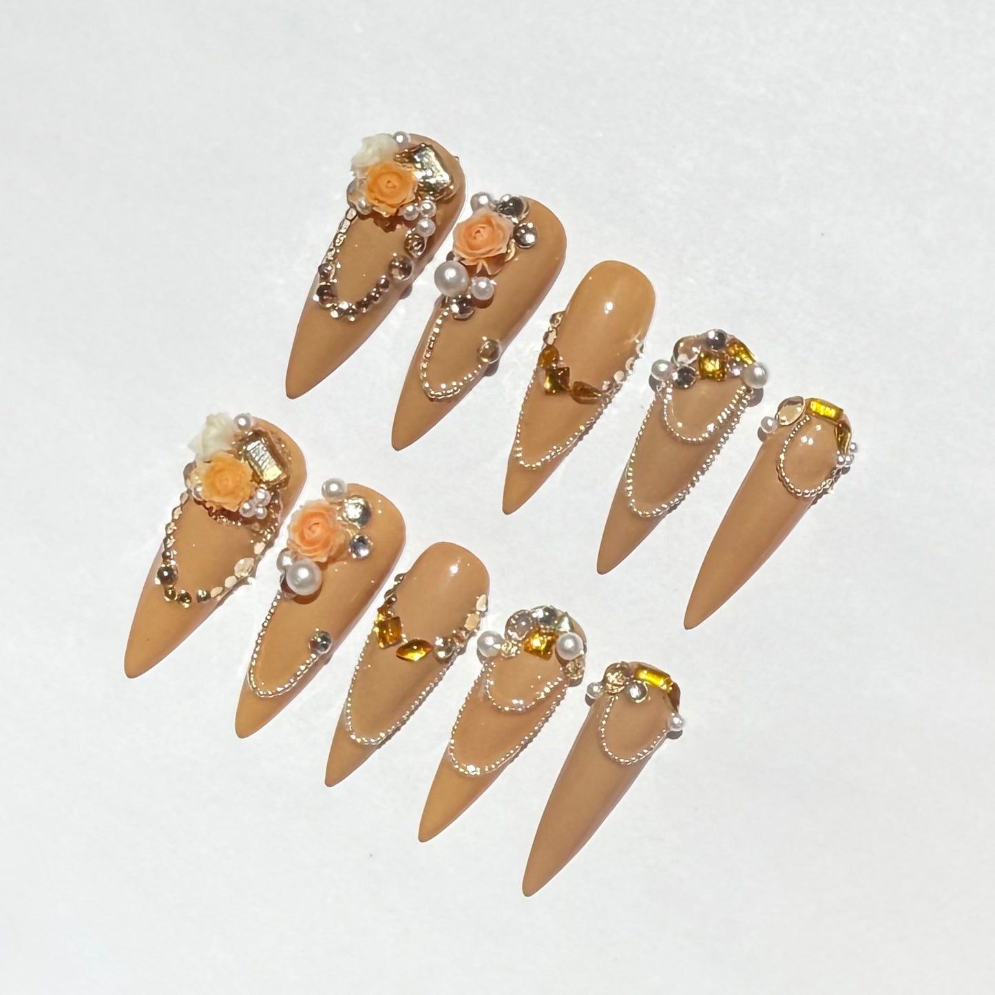 Nude Stiletto Press On Nails with 3D Peach Roses, Pearls & Gold Crystals | Elegant Luxury Chain Nail Set