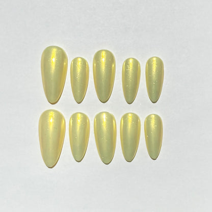Soft Lemon Shimmer Press On Nails | Iridescent Pearl Almond Nails | Simple Pastel Nail Set