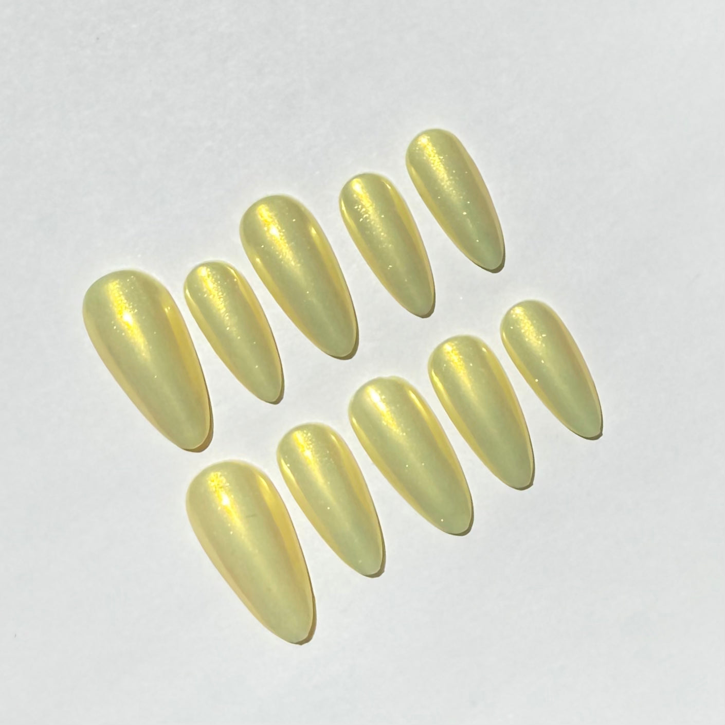 Soft Lemon Shimmer Press On Nails | Iridescent Pearl Almond Nails | Simple Pastel Nail Set