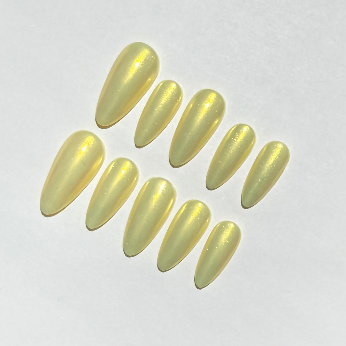 Soft Lemon Shimmer Press On Nails | Iridescent Pearl Almond Nails | Simple Pastel Nail Set