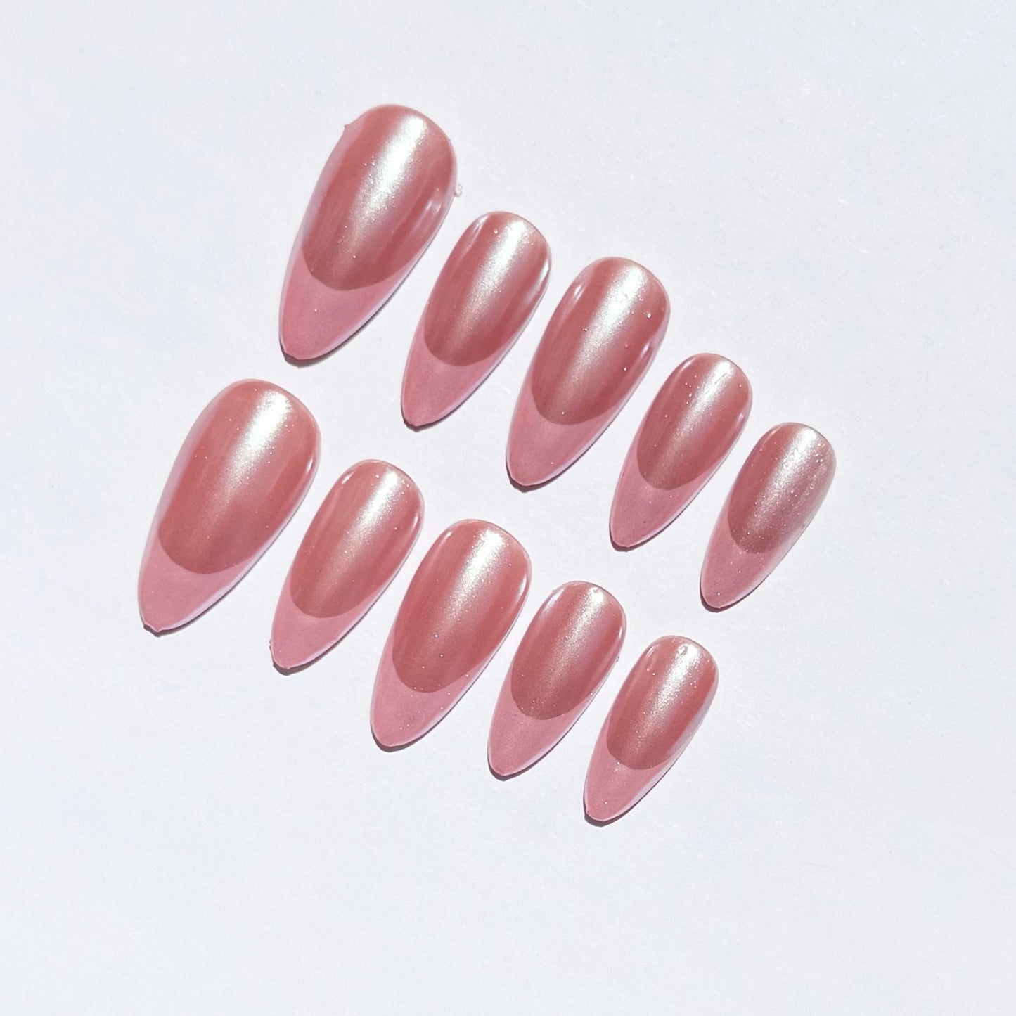 Soft Pearl Pink Almond Press On Nails | Shiny Nude Rose Nail Set | Reusable Fake Nails