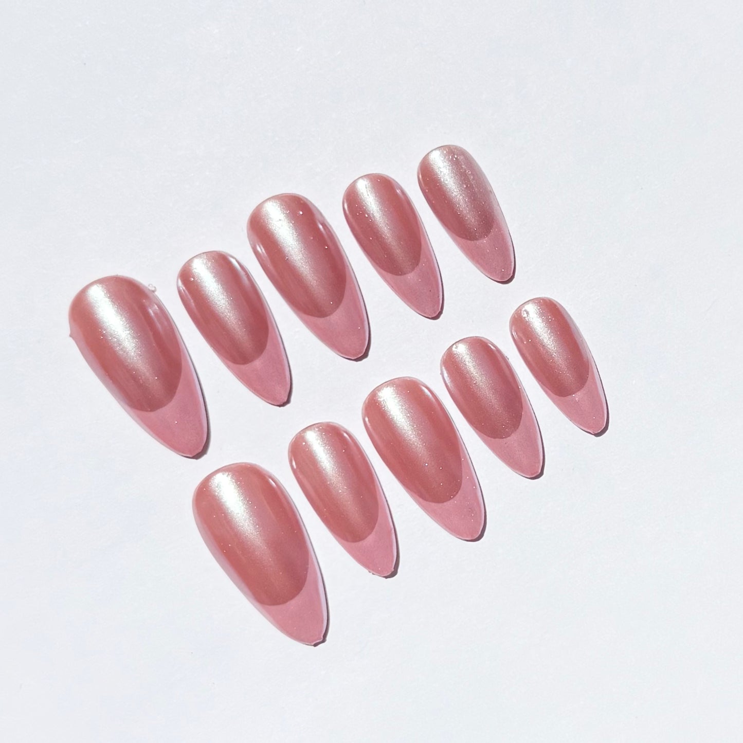 Soft Pearl Pink Almond Press On Nails | Shiny Nude Rose Nail Set | Reusable Fake Nails