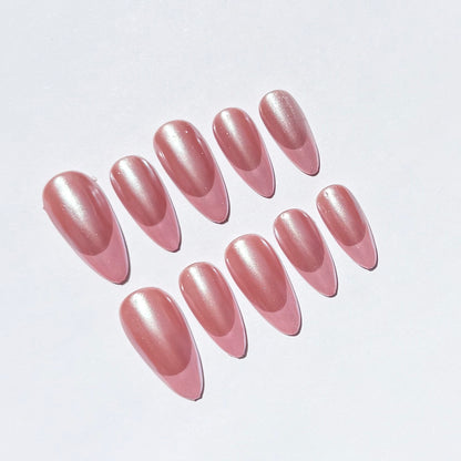 Soft Pearl Pink Almond Press On Nails | Shiny Nude Rose Nail Set | Reusable Fake Nails