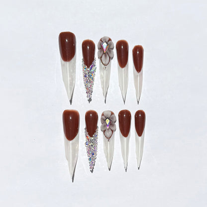 Brown Stiletto Press On Nails | French Tip Nails with 3D Flower & Rhinestones