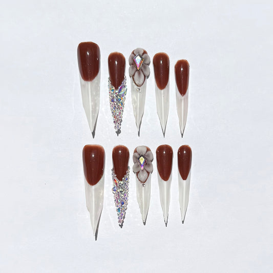 Brown Stiletto Press On Nails | French Tip Nails with 3D Flower & Rhinestones