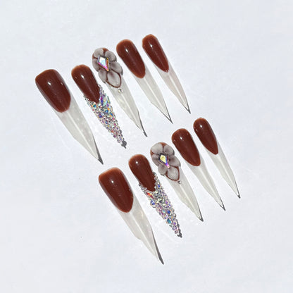 Brown Stiletto Press On Nails | French Tip Nails with 3D Flower & Rhinestones