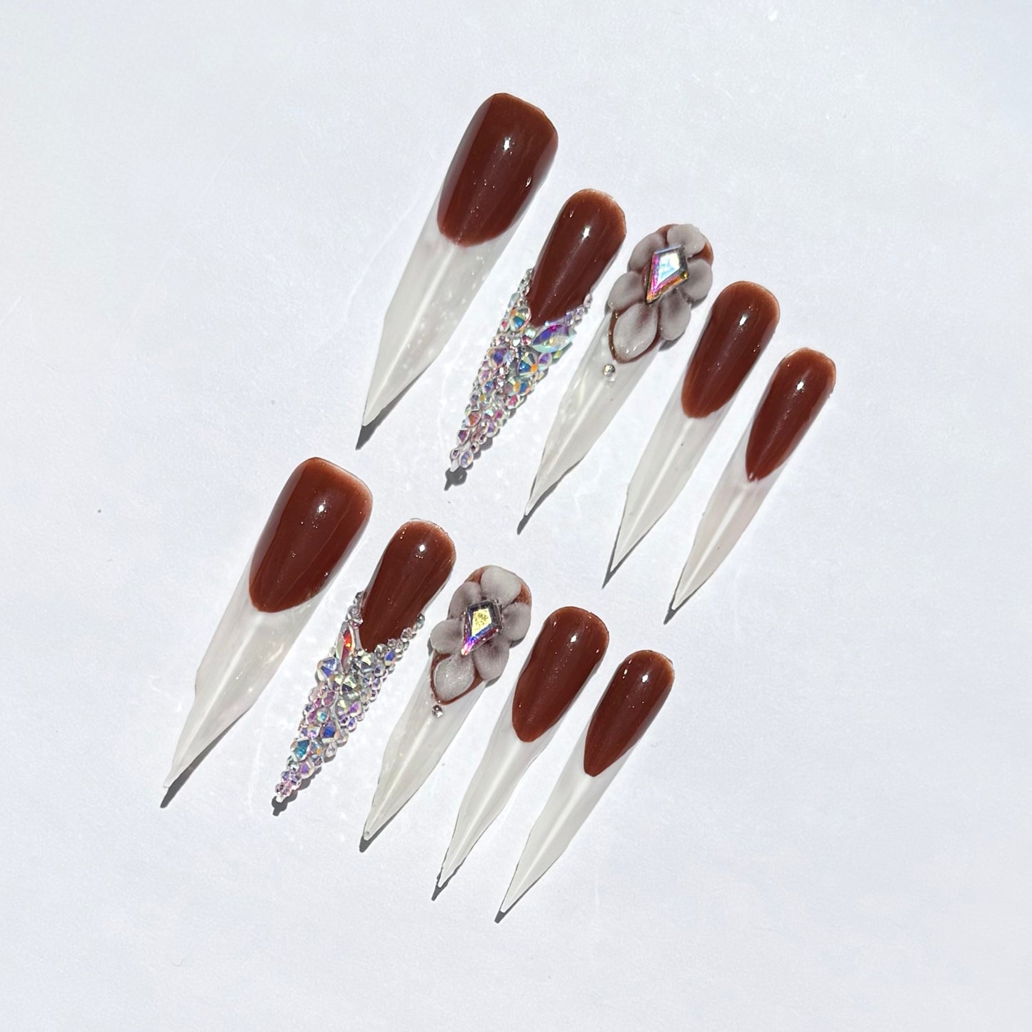 Brown Stiletto Press On Nails | French Tip Nails with 3D Flower & Rhinestones