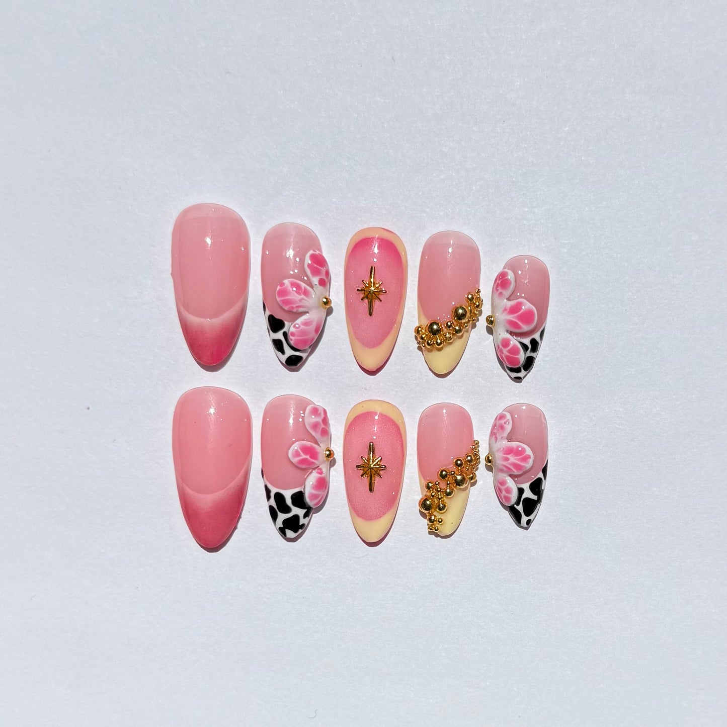 Pink Floral Press On Nails | Cow Print Accent Nails | Gold Charm Cute Nails | Almond Handmade Fake Nail Set