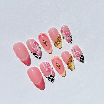 Pink Floral Press On Nails | Cow Print Accent Nails | Gold Charm Cute Nails | Almond Handmade Fake Nail Set