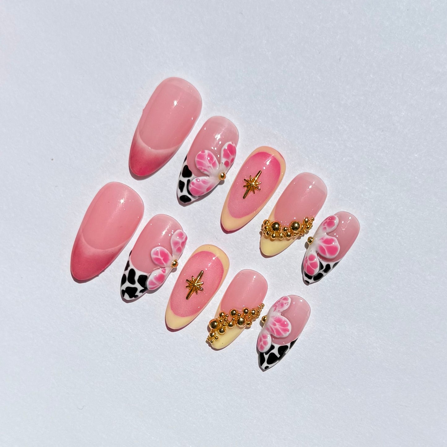 Pink Floral Press On Nails | Cow Print Accent Nails | Gold Charm Cute Nails | Almond Handmade Fake Nail Set