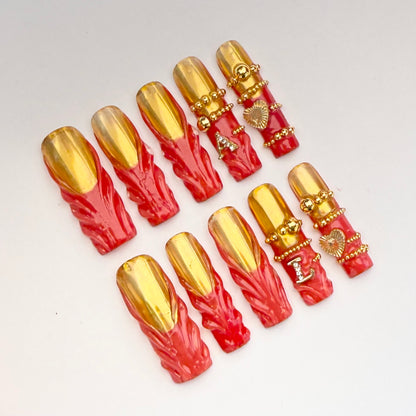 Luxury Gold Chrome Flame Nails with 3D Red Design & Charm Accents | Customizable Initial Press On Nails