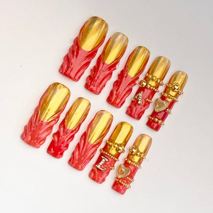 Luxury Gold Chrome Flame Nails with 3D Red Design & Charm Accents | Customizable Initial Press On Nails