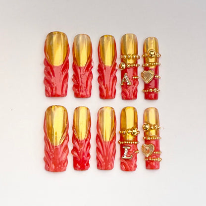 Luxury Gold Chrome Flame Nails with 3D Red Design & Charm Accents | Customizable Initial Press On Nails