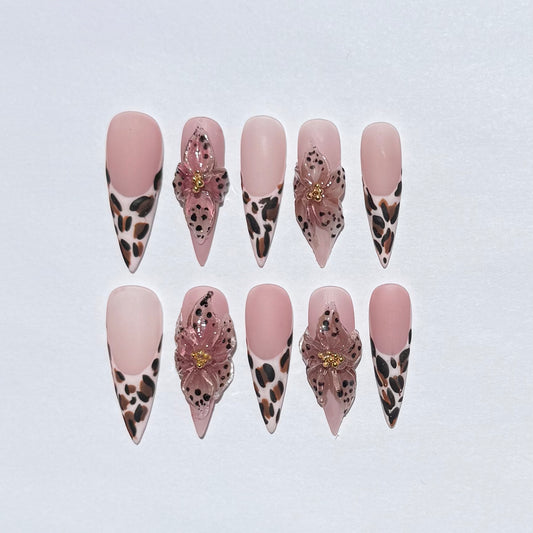 Leopard Print & Pink Floral Press-On Nails | Long Coffin Shape with Animal Print And 3D Flower Design