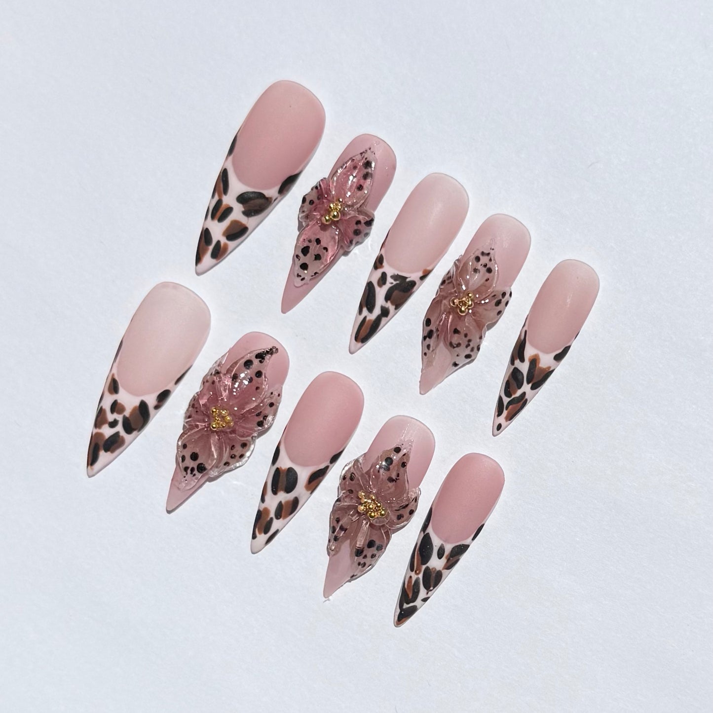Leopard Print & Pink Floral Press-On Nails | Long Coffin Shape with Animal Print And 3D Flower Design