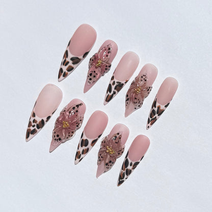 Leopard Print & Pink Floral Press-On Nails | Long Coffin Shape with Animal Print And 3D Flower Design