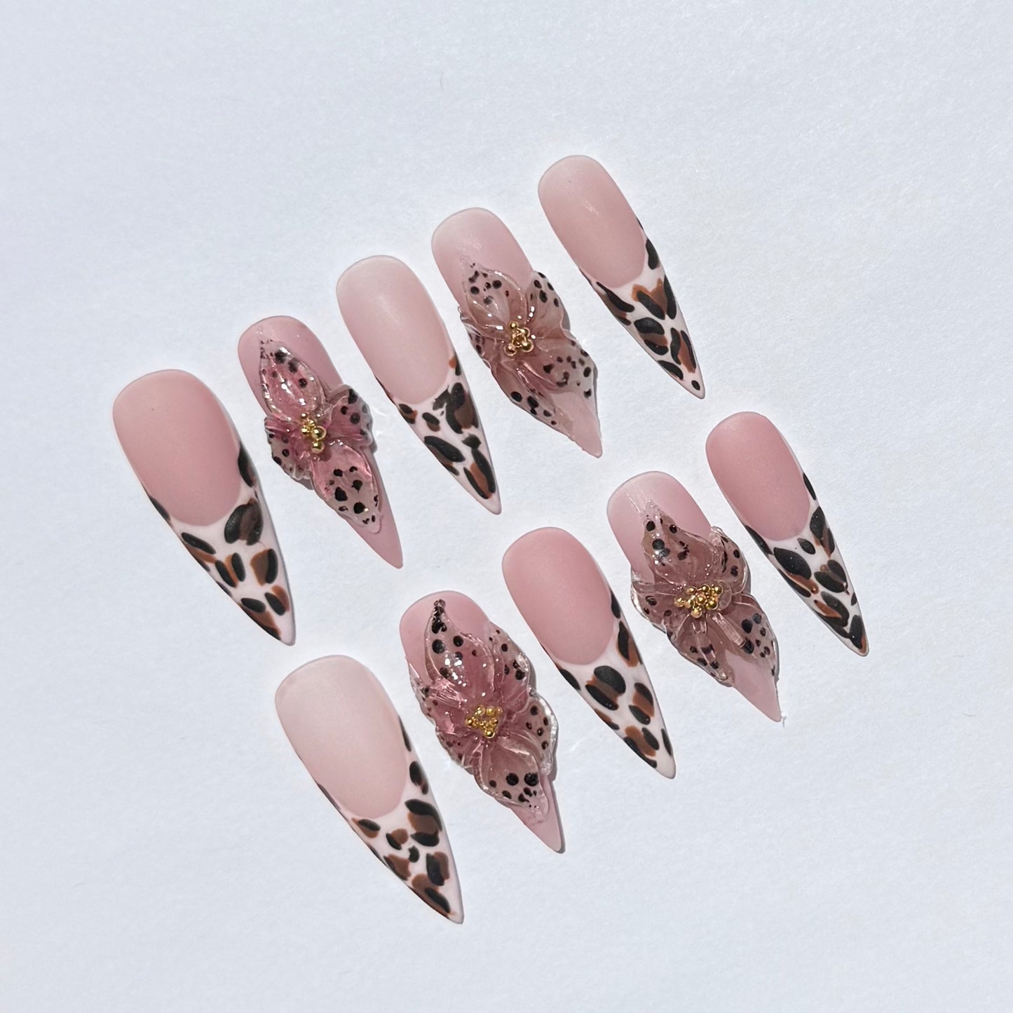 Leopard Print & Pink Floral Press-On Nails | Long Coffin Shape with Animal Print And 3D Flower Design