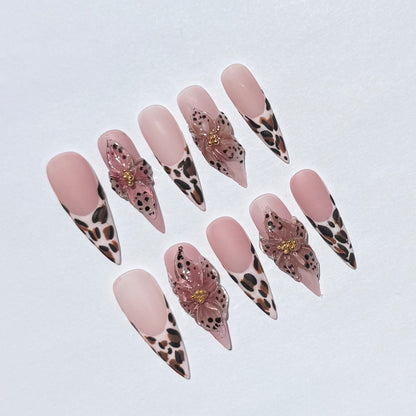 Leopard Print & Pink Floral Press-On Nails | Long Coffin Shape with Animal Print And 3D Flower Design