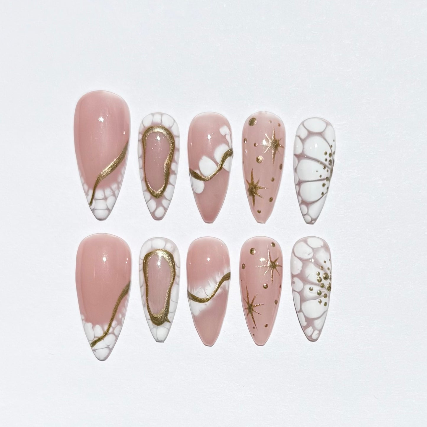 Pink & White Marble Press-On Nails with Gold Accents |Long Almond Fake Nails |Luxury Nail Set for Special Occasions