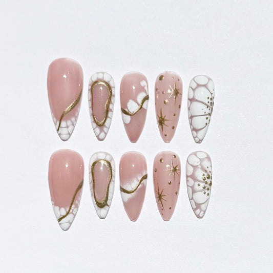 Pink & White Marble Press-On Nails with Gold Accents |Long Almond Fake Nails |Luxury Nail Set for Special Occasions