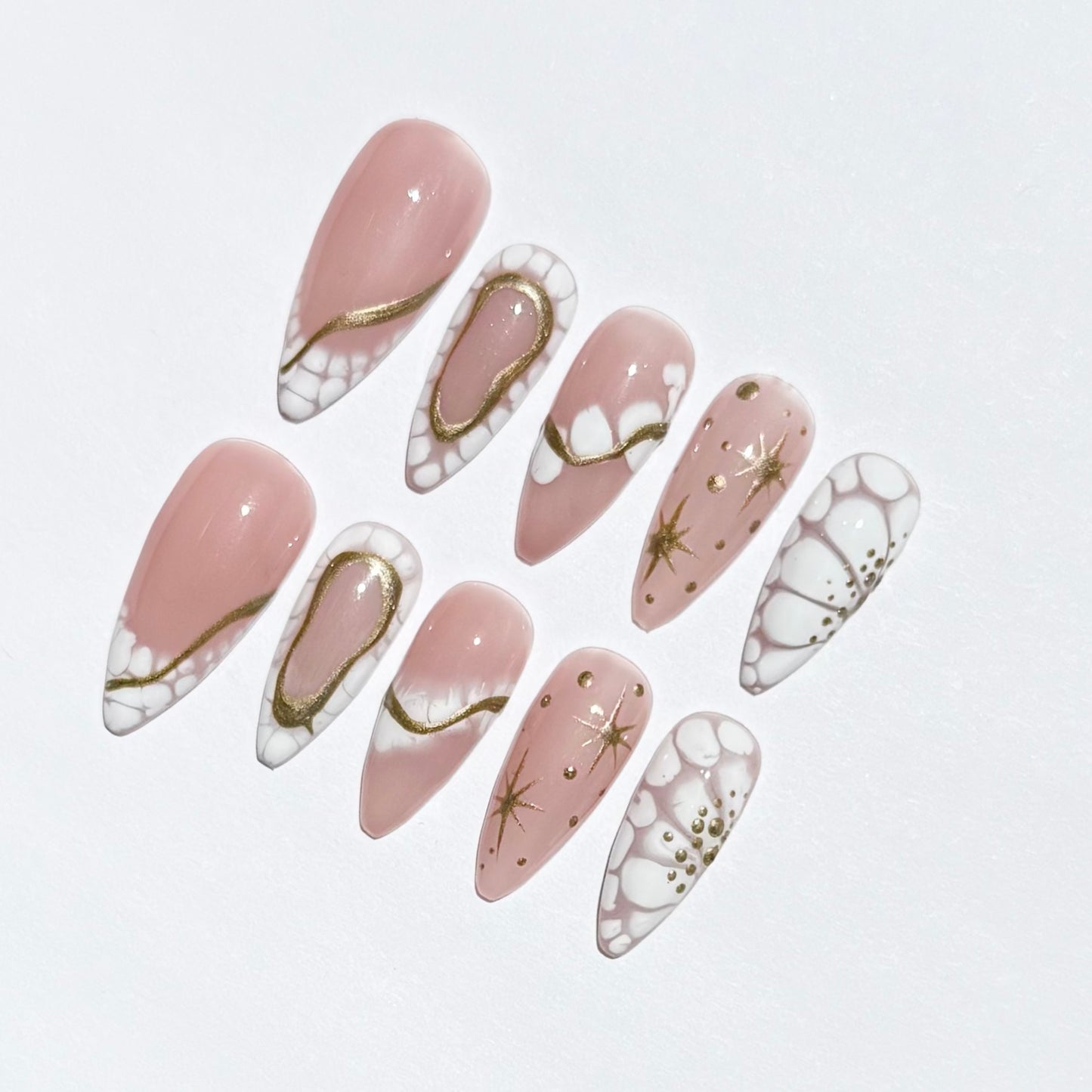 Pink & White Marble Press-On Nails with Gold Accents |Long Almond Fake Nails |Luxury Nail Set for Special Occasions