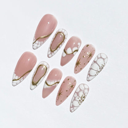 Pink & White Marble Press-On Nails with Gold Accents |Long Almond Fake Nails |Luxury Nail Set for Special Occasions