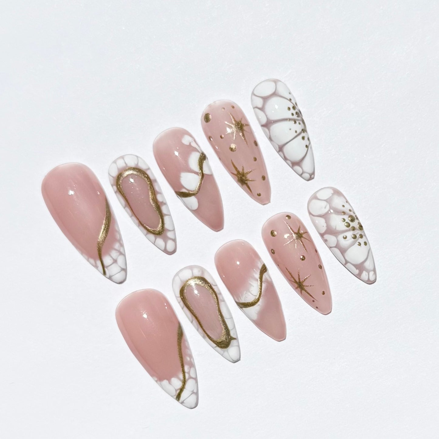 Pink & White Marble Press-On Nails with Gold Accents |Long Almond Fake Nails |Luxury Nail Set for Special Occasions