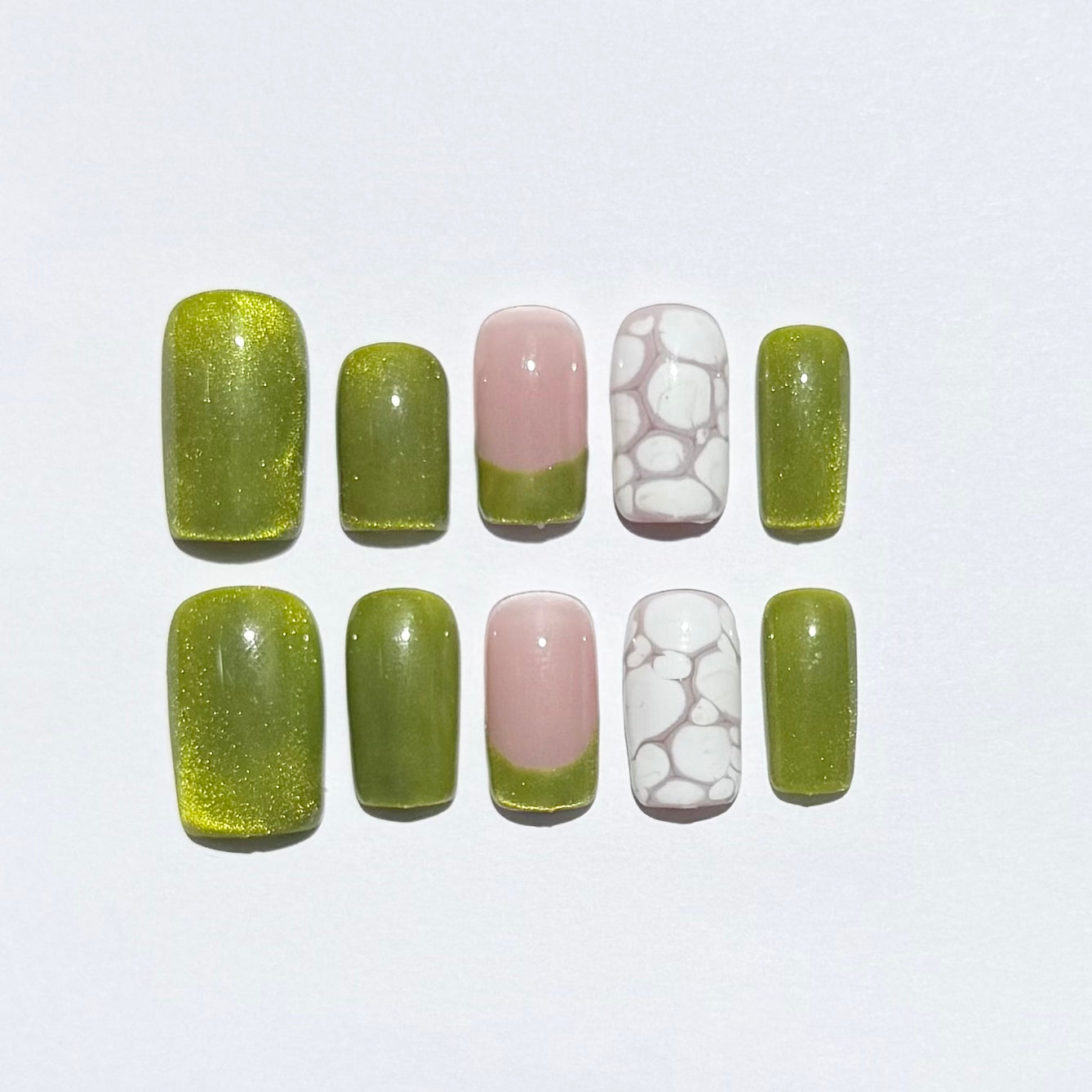 Olive Green & Nude Press On Nails | Shimmer Green Nails with White Marble Accents