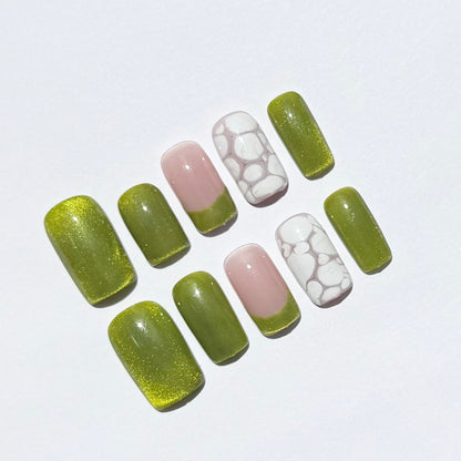 Olive Green & Nude Press On Nails | Shimmer Green Nails with White Marble Accents