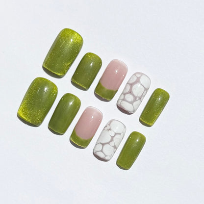 Olive Green & Nude Press On Nails | Shimmer Green Nails with White Marble Accents