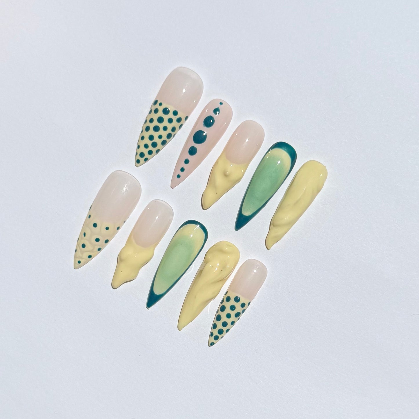 Green & Yellow Polka Dot Stiletto Press On Nails | Abstract Geometric Fake Nail Set
