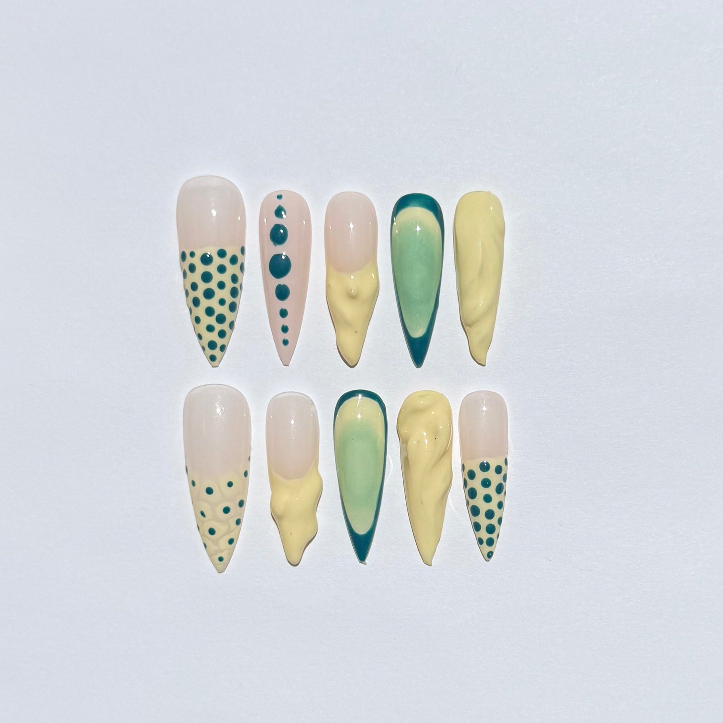 Green & Yellow Polka Dot Stiletto Press On Nails | Abstract Geometric Fake Nail Set