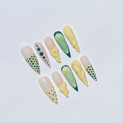 Green & Yellow Polka Dot Stiletto Press On Nails | Abstract Geometric Fake Nail Set