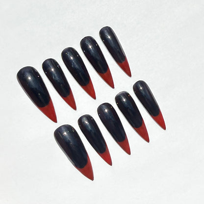 Gothic Black and Red Nail Press On Nails | Long Stiletto French Tip Nail Set