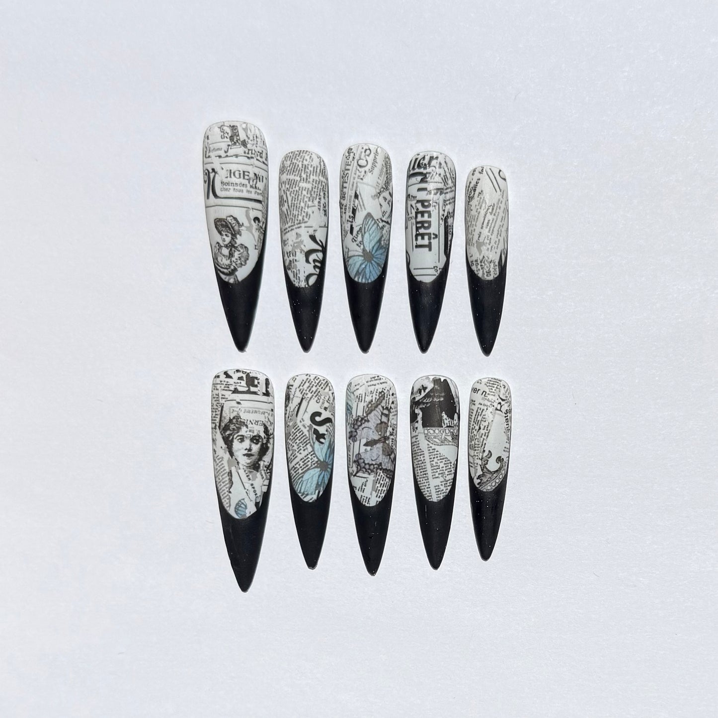 Retro Newspaper Design Press-On Nails | Black Long Stiletto Nails | Vintage Nail Art Set