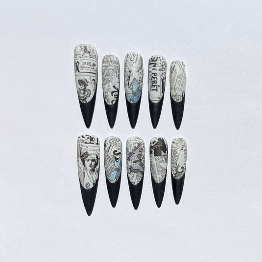 Retro Newspaper Design Press-On Nails | Black Long Stiletto Nails | Vintage Nail Art Set