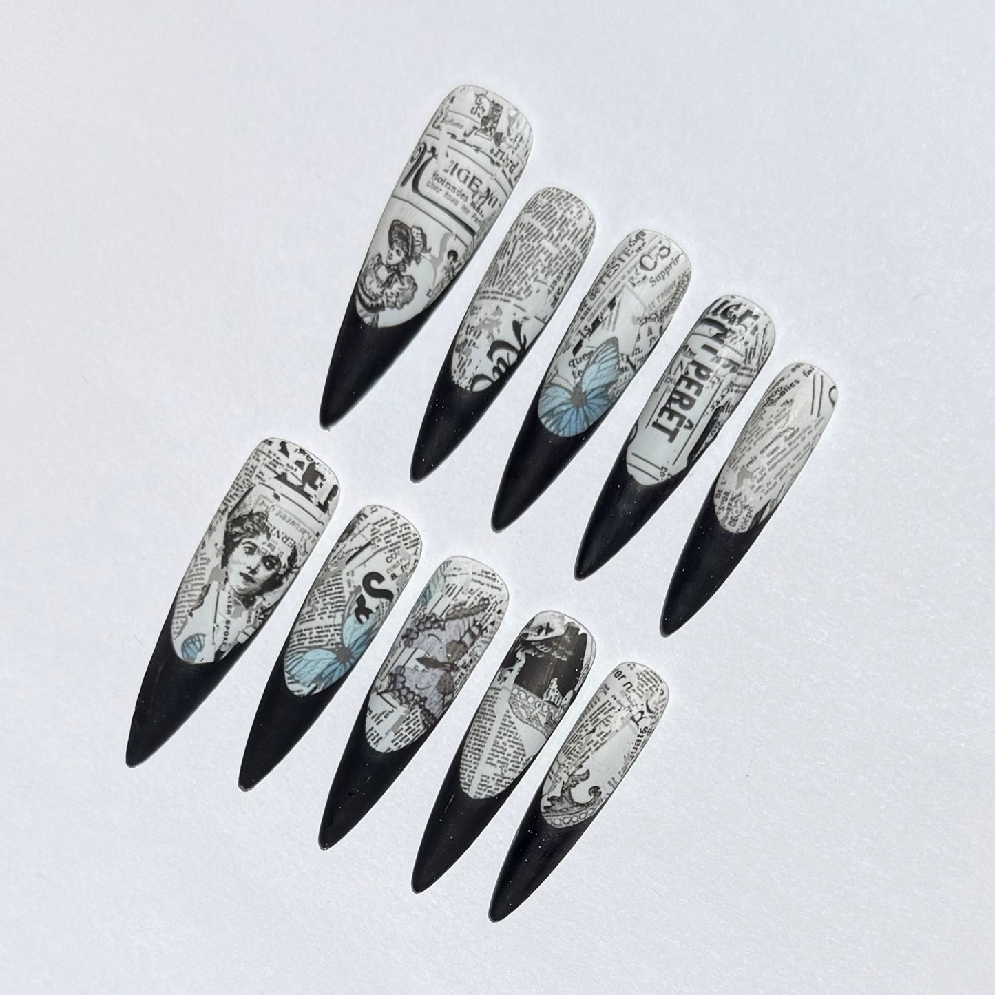 Retro Newspaper Design Press-On Nails | Black Long Stiletto Nails | Vintage Nail Art Set