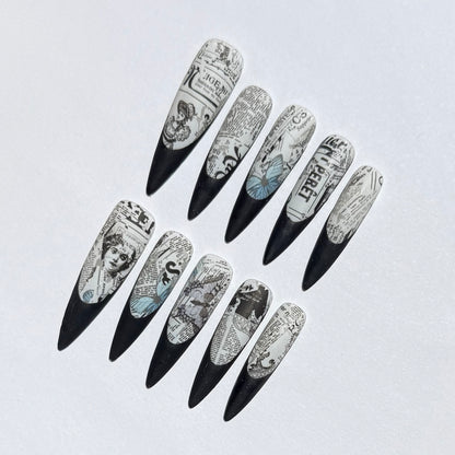 Retro Newspaper Design Press-On Nails | Black Long Stiletto Nails | Vintage Nail Art Set