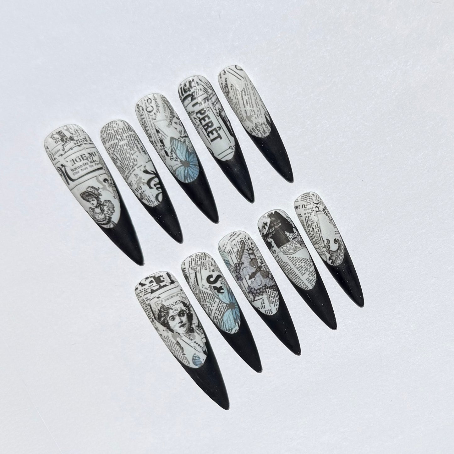 Retro Newspaper Design Press-On Nails | Black Long Stiletto Nails | Vintage Nail Art Set