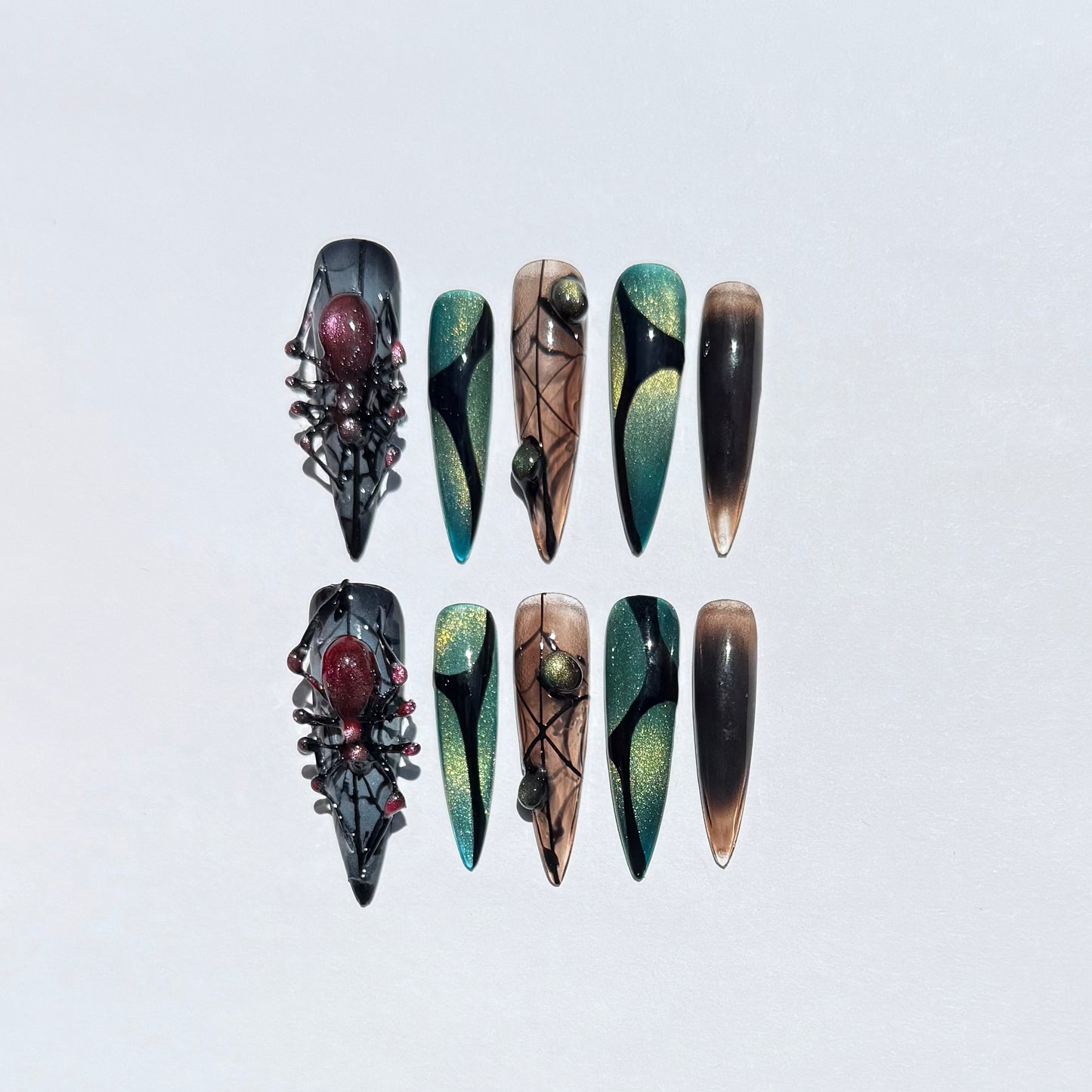 Gothic 3D Spider And Black Web Design Stiletto Press On Nails| Green Ombre Halloween Nail Art Set